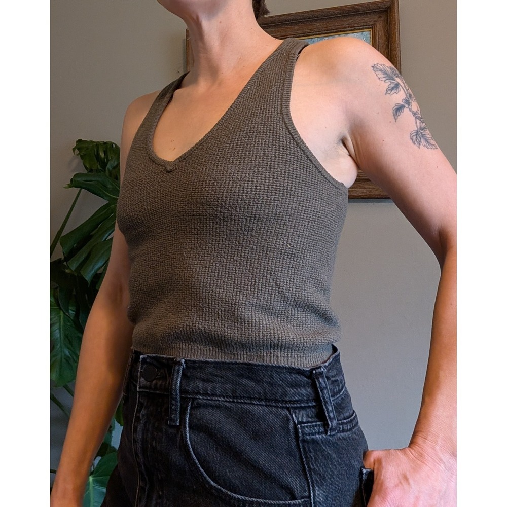 Knit Cropped Tank Top Sweater Medium Olive Green Festival Hippie Boho Racerback